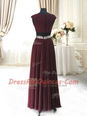 On Sale Burgundy V-neck Zipper Beading and Belt Prom Dresses Cap Sleeves