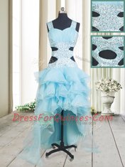 Aqua Blue A-line Straps Sleeveless Organza High Low Criss Cross Beading and Ruffled Layers Prom Evening Gown