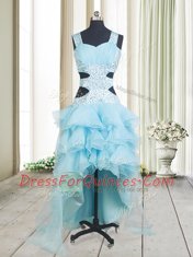Aqua Blue A-line Straps Sleeveless Organza High Low Criss Cross Beading and Ruffled Layers Prom Evening Gown