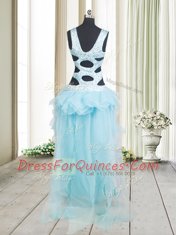 Aqua Blue A-line Straps Sleeveless Organza High Low Criss Cross Beading and Ruffled Layers Prom Evening Gown