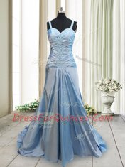Light Blue Criss Cross Straps Beading Prom Dresses Elastic Woven Satin Sleeveless Sweep Train
