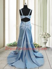 Light Blue Criss Cross Straps Beading Prom Dresses Elastic Woven Satin Sleeveless Sweep Train