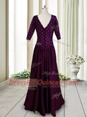 Vintage Half Sleeves Floor Length Zipper Prom Dresses Dark Purple for Prom with Beading and Lace and Hand Made Flower