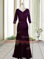 Vintage Half Sleeves Floor Length Zipper Prom Dresses Dark Purple for Prom with Beading and Lace and Hand Made Flower