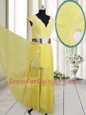 Simple Yellow Empire Beading and Belt Prom Party Dress Zipper Chiffon Cap Sleeves Floor Length