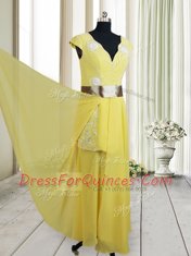 Simple Yellow Empire Beading and Belt Prom Party Dress Zipper Chiffon Cap Sleeves Floor Length