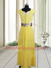 Simple Yellow Empire Beading and Belt Prom Party Dress Zipper Chiffon Cap Sleeves Floor Length