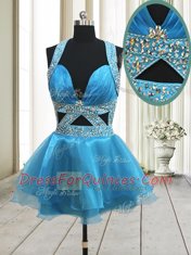 High End Halter Top Beading Prom Dress Baby Blue Backless Sleeveless Mini Length