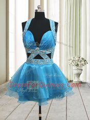 High End Halter Top Beading Prom Dress Baby Blue Backless Sleeveless Mini Length