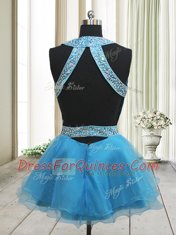 High End Halter Top Beading Prom Dress Baby Blue Backless Sleeveless Mini Length