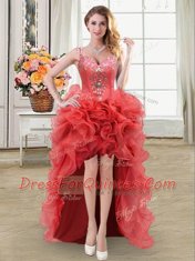 Straps Coral Red Sleeveless High Low Beading and Ruffles Lace Up Prom Dresses