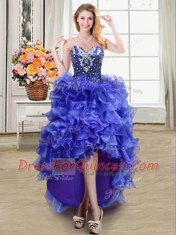 High Low Blue Prom Party Dress Organza Sleeveless Ruffles
