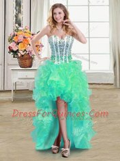 Beading and Ruffles Prom Party Dress Turquoise Lace Up Sleeveless High Low