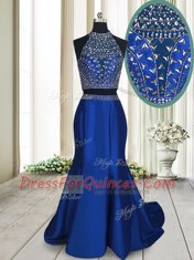Criss Cross With Train Royal Blue Prom Dress Satin Sweep Train Sleeveless Beading