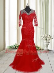 Affordable Mermaid Red Half Sleeves Tulle Brush Train Clasp Handle Prom Dresses for Prom and Party