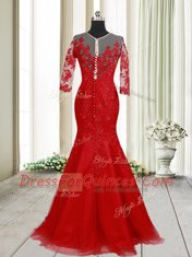 Affordable Mermaid Red Half Sleeves Tulle Brush Train Clasp Handle Prom Dresses for Prom and Party