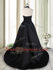 Nice Halter Top Black Sleeveless Brush Train Beading and Lace Prom Evening Gown