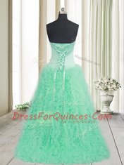 Apple Green A-line Beading and Ruffles Evening Dress Lace Up Tulle Sleeveless With Train