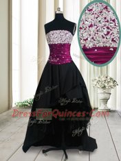Sleeveless Taffeta High Low Lace Up Prom Evening Gown in Black with Beading