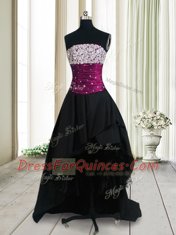 Sleeveless Taffeta High Low Lace Up Prom Evening Gown in Black with Beading