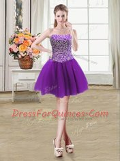 Glittering Purple Ball Gowns Strapless Sleeveless Tulle Mini Length Lace Up Beading Evening Dress