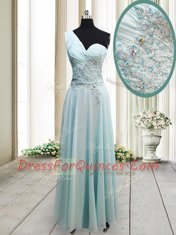 One Shoulder Sleeveless Prom Party Dress Ankle Length Beading and Appliques Light Blue Chiffon
