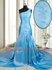 Mermaid One Shoulder Sleeveless Brush Train Zipper Baby Blue Elastic Woven Satin