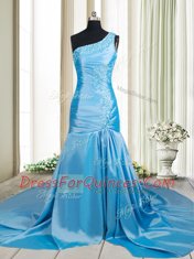 Mermaid One Shoulder Sleeveless Brush Train Zipper Baby Blue Elastic Woven Satin