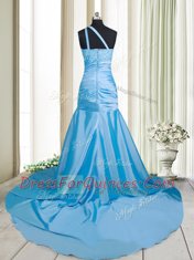 Mermaid One Shoulder Sleeveless Brush Train Zipper Baby Blue Elastic Woven Satin
