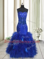 Mermaid Sleeveless Floor Length Beading and Ruffles Lace Up Prom Party Dress with Royal Blue