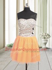 Best Selling Orange Tulle Zipper Sweetheart Sleeveless Mini Length Prom Evening Gown Beading and Sequins