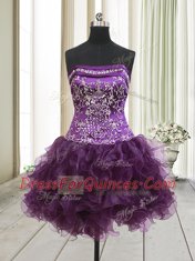 Elegant Dark Purple Organza Lace Up Prom Party Dress Sleeveless Mini Length Beading and Ruffles