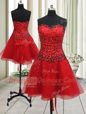 Elegant A-line Prom Party Dress Red Sweetheart Organza Sleeveless Mini Length Lace Up
