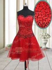 Elegant A-line Prom Party Dress Red Sweetheart Organza Sleeveless Mini Length Lace Up