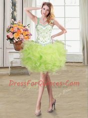 Charming Straps Yellow Green Lace Up Prom Dresses Beading and Ruffles Sleeveless Floor Length