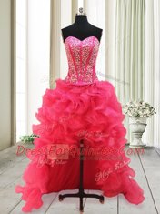 Hot Pink Lace Up Beading Sleeveless High Low