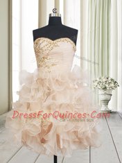 Gorgeous Mini Length Champagne Prom Dresses Organza Sleeveless Beading and Ruffles