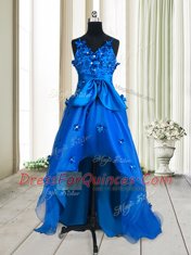 Colorful Beading and Appliques and Bowknot Dress for Prom Royal Blue Zipper Sleeveless High Low
