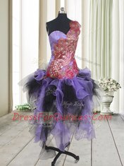 Custom Fit Organza and Tulle One Shoulder Sleeveless Zipper Beading and Appliques Homecoming Dress in Multi-color