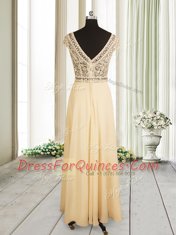 Luxury Champagne Scoop Neckline Beading Prom Gown Cap Sleeves Zipper