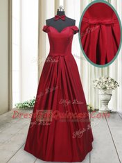 Best Wine Red Taffeta Lace Up Off The Shoulder Sleeveless Floor Length Homecoming Dress Ruching and Bowknot