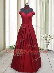 Best Wine Red Taffeta Lace Up Off The Shoulder Sleeveless Floor Length Homecoming Dress Ruching and Bowknot