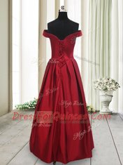 Best Wine Red Taffeta Lace Up Off The Shoulder Sleeveless Floor Length Homecoming Dress Ruching and Bowknot