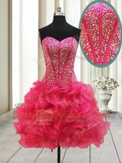 Hot Pink A-line Beading Prom Evening Gown Lace Up Organza Sleeveless Mini Length