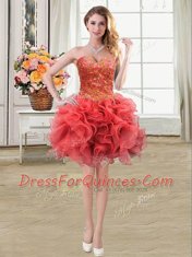 Ideal Coral Red Organza Lace Up Evening Dress Sleeveless Mini Length Beading and Ruffles
