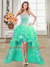Luxury Sequins High Low A-line Sleeveless Turquoise Evening Dress Lace Up