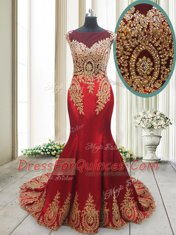Attractive Mermaid Scoop Cap Sleeves Elastic Woven Satin With Brush Train Side Zipper Prom Dress in Red with Appliques