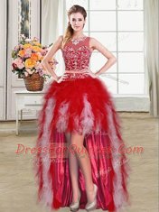 Comfortable Scoop High Low Zipper Prom Dresses Red for Prom and Party with Beading and Ruffles