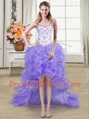 Super Lavender Organza Lace Up Straps Sleeveless High Low Prom Dress Beading and Ruffles