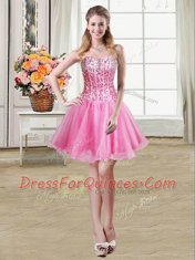 Custom Made Rose Pink Ball Gowns Sweetheart Sleeveless Organza Mini Length Lace Up Sequins Homecoming Dress